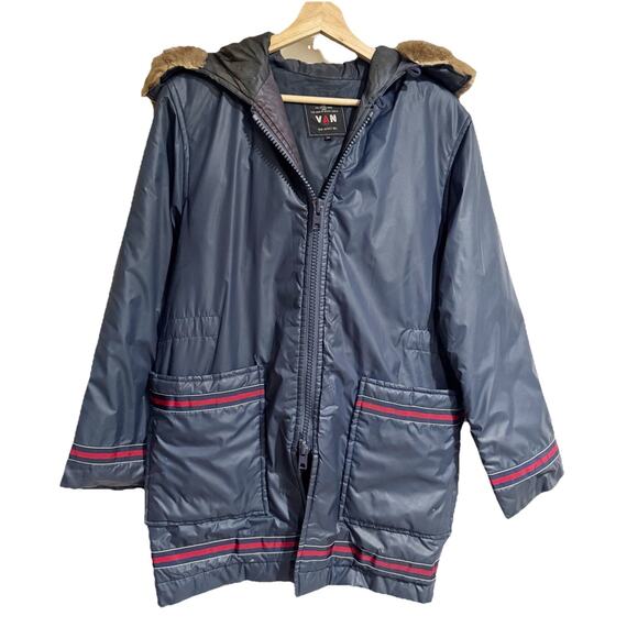 VAN JAC Japanese Brand Vintage Airline Parka Jacket Navy Blue Fur Hood Medium
